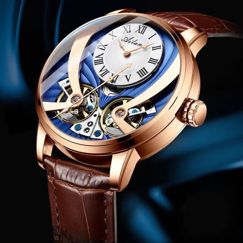 AILANG Orologio Meccanico Automatico Scheletrato con Cinturino in Pelle, Doppio Tourbillon Steampunk per Uomo, Montre Homme