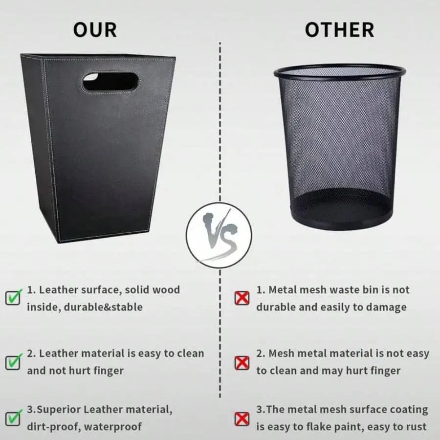 Leather Surface Waterproof Waste Basket With Handles 19L Durable Bathroom Bedroom Trash Can