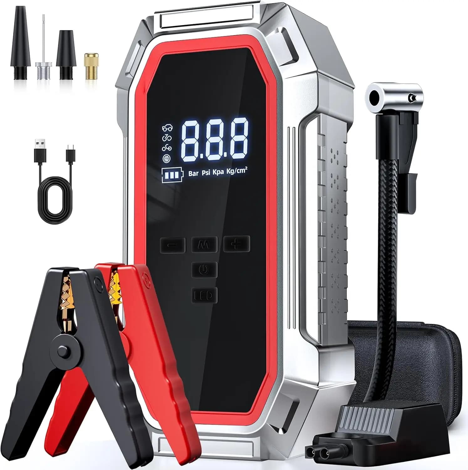 Peak 5000A car emergency starter with air compressor, 160PSI tyre inflator, Power Bank, LED vehicle light
