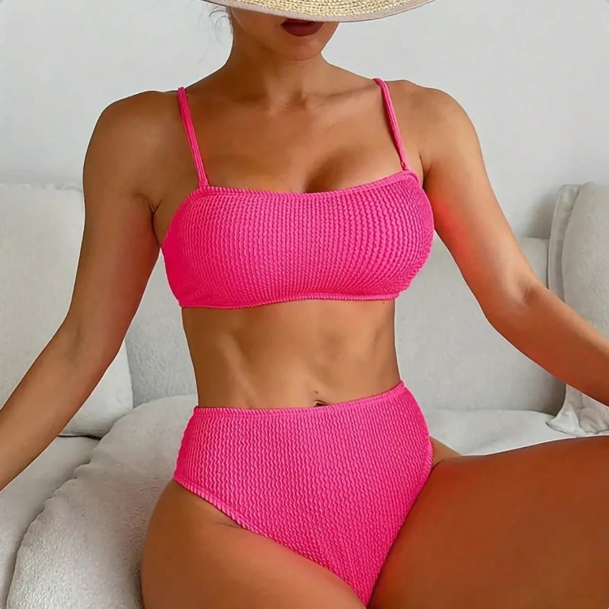 Costume da bagno a fascia a costine bikini scrunch costumi da bagno a vita alta per donna costume da bagno da spiaggia tinta unita 2025 nuovo arrivo