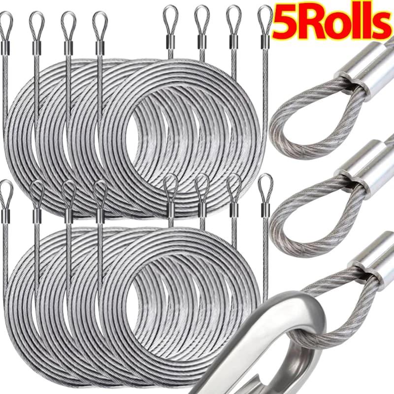Steel Wire Rope with Fastened Eye Loops Sling Cable Lifting Assemblies Fishing Lifting Cable Clothesline Pull Cord Wire Rope