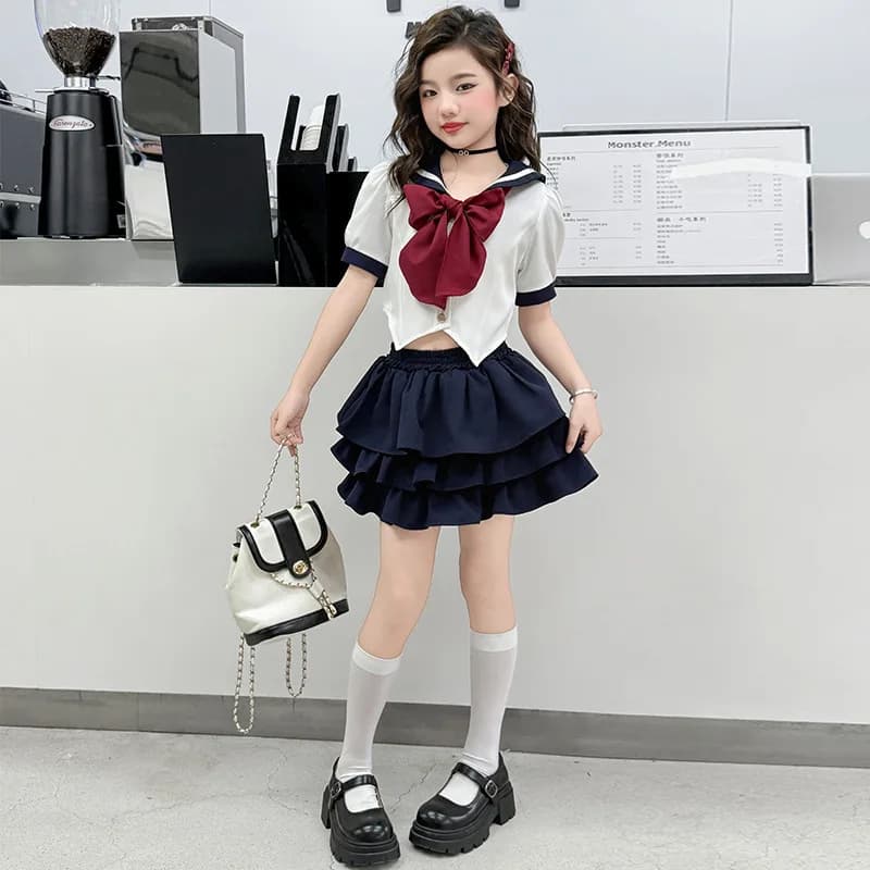 1pc 2026 summer American child teenager Girls bow Clothes crop top blouse shirt or JK layered Skirt 4 8 10 12 Year japan