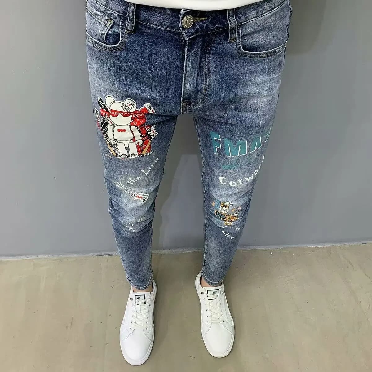 Jeans Stampati Ele da Uomo, Primaverili e Autunnali, Slim Fit, di Tendenza, Marca Haome, Elastici, Casual, Lunghezza alla Caviglia