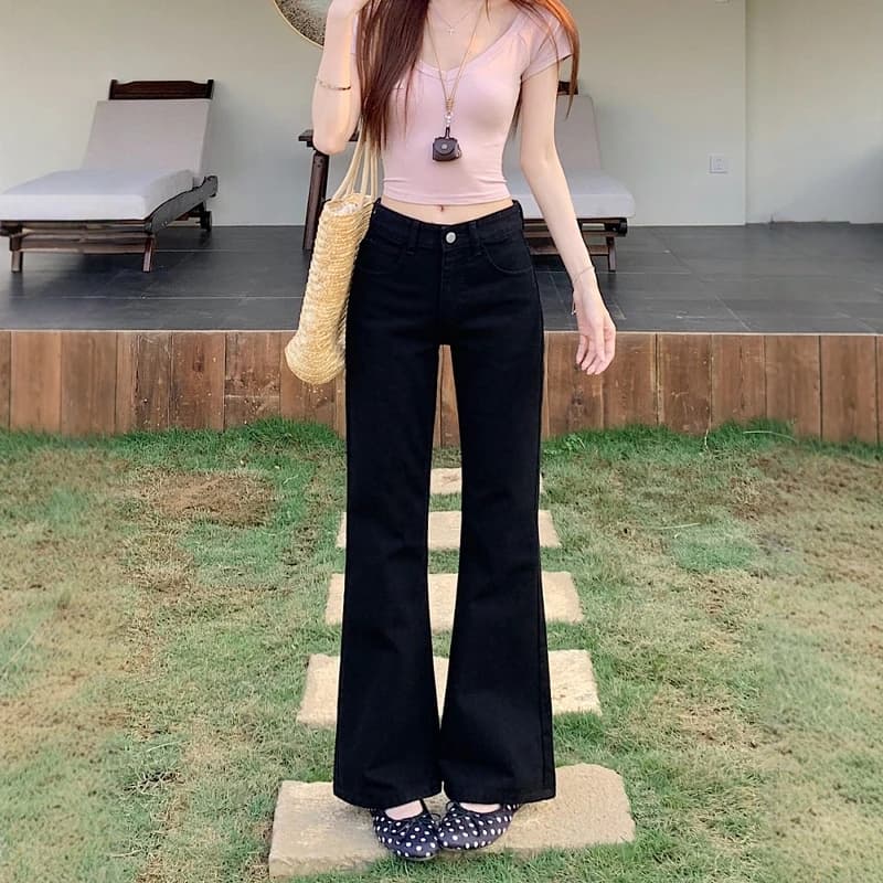 Black High Waist Bell Bottom Jeans Women's Summer Slimming Not Legging Floor-Length Trendy Bell Pants Casual Outdoor Wear