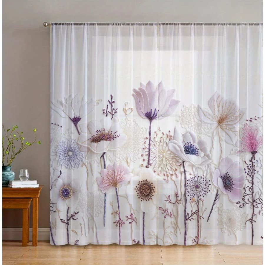 2PCS Digital Print Sheer Curtain, Purple White Pink Flower, Boho Chic Window Curtains for Living Room Bedroom Home Decor