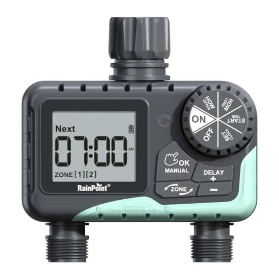 Timer per irrigazione da giardino a 2 zone con ritardo pioggia, irrigazione manuale e automatica per prato e giardino, colore nero