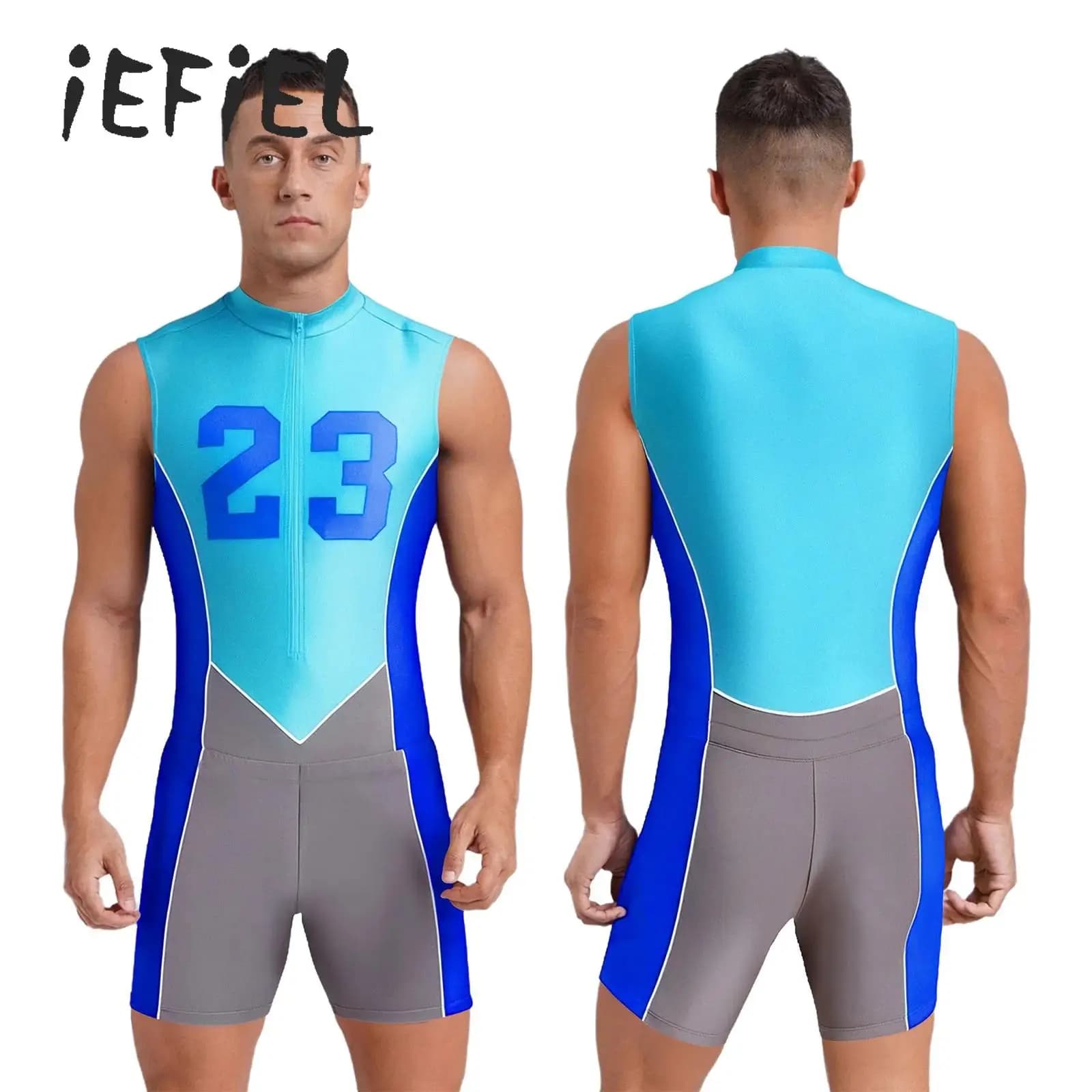 Costume da bagno sportivo da uomo Costumi da bagno Senza maniche Cerniera frontale Numero stampato Body intero e pantaloncini Set da corsa per nuoto