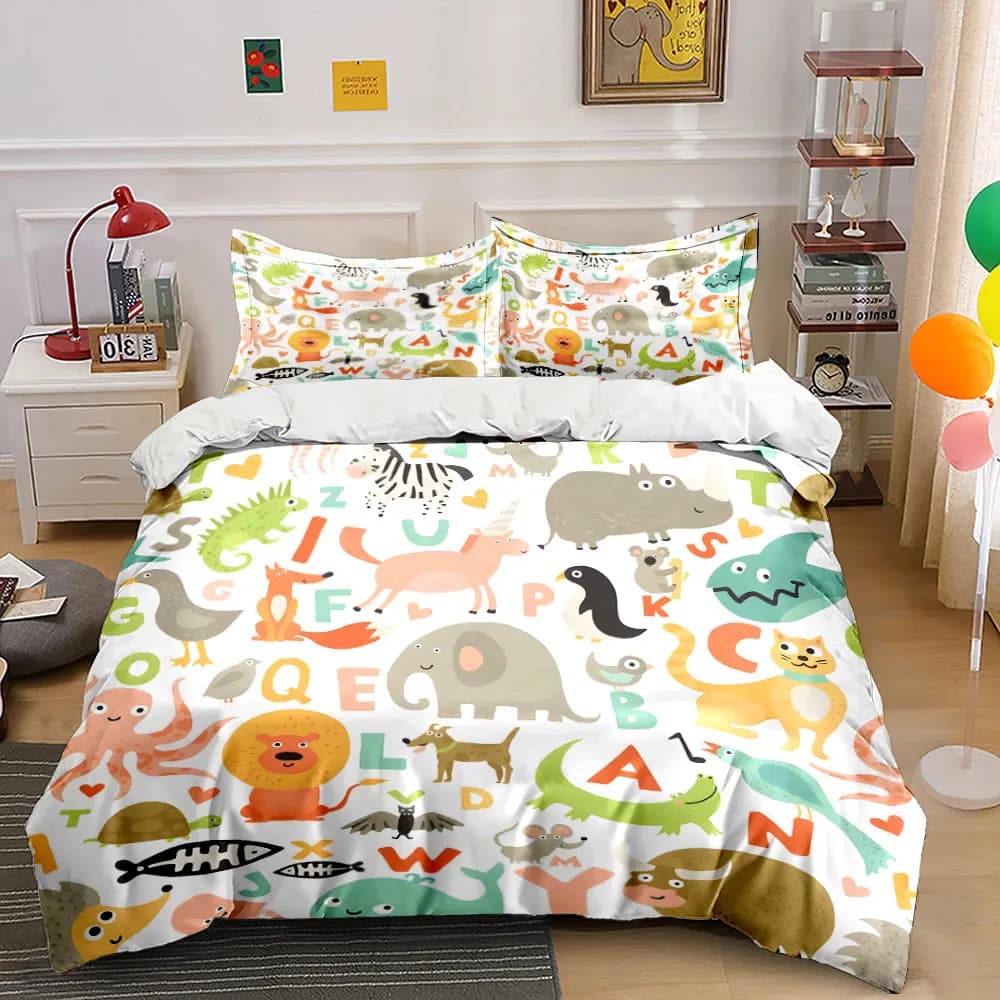 Set di biancheria da letto con stampa di animali dell'alfabeto e motivi a cartoni animati, 1 copripiumino, 2 federe per adulti e bambini, regalo di lusso, misura completa