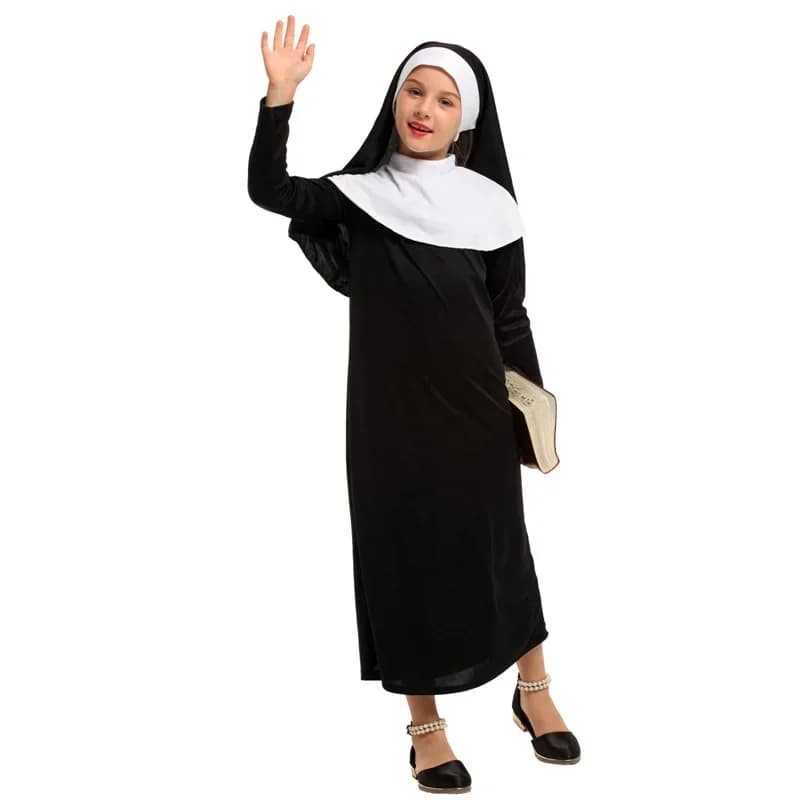 Child's Catholic Missionary Suora Costume, Black Dress for Halloween, Book Week, Purim, Mask Celebrations