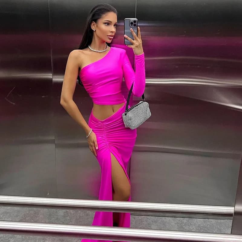 Abito lungo monospalla con cut-out e spacco, arricciato, elegante per feste e balli, sexy per compleanni e serate di gala