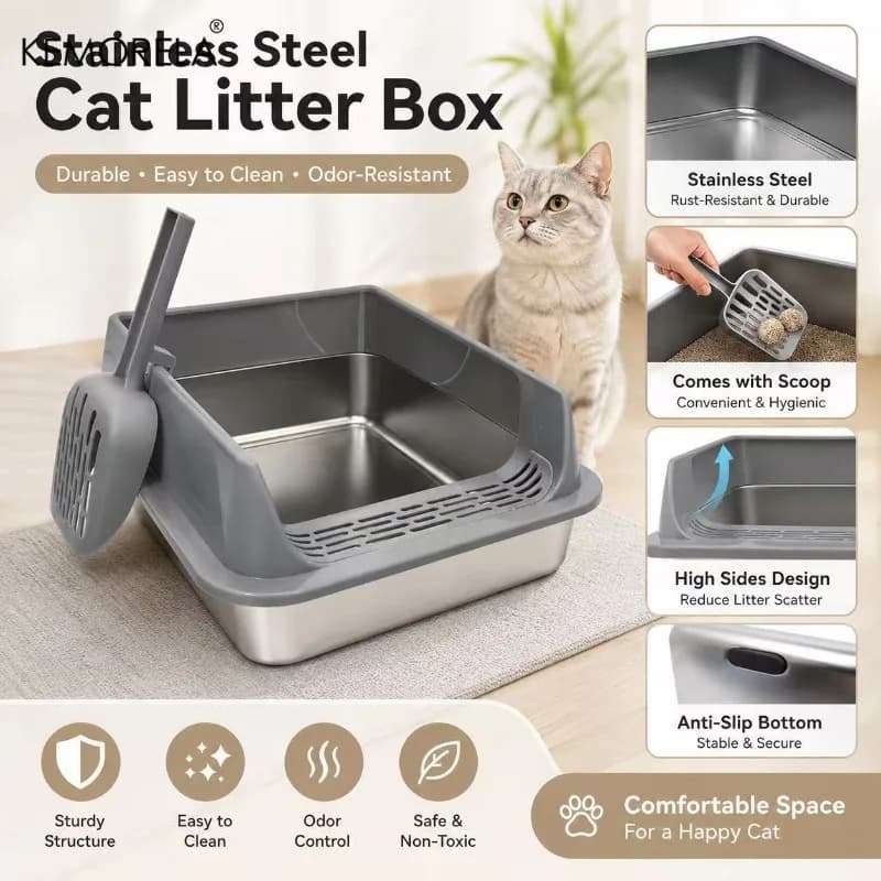 Stainless Steel Rectangular Litter Box with Shovel Semi-Enclosed Extra Large Size Stainless Steel Litter Pan Easy to Clean