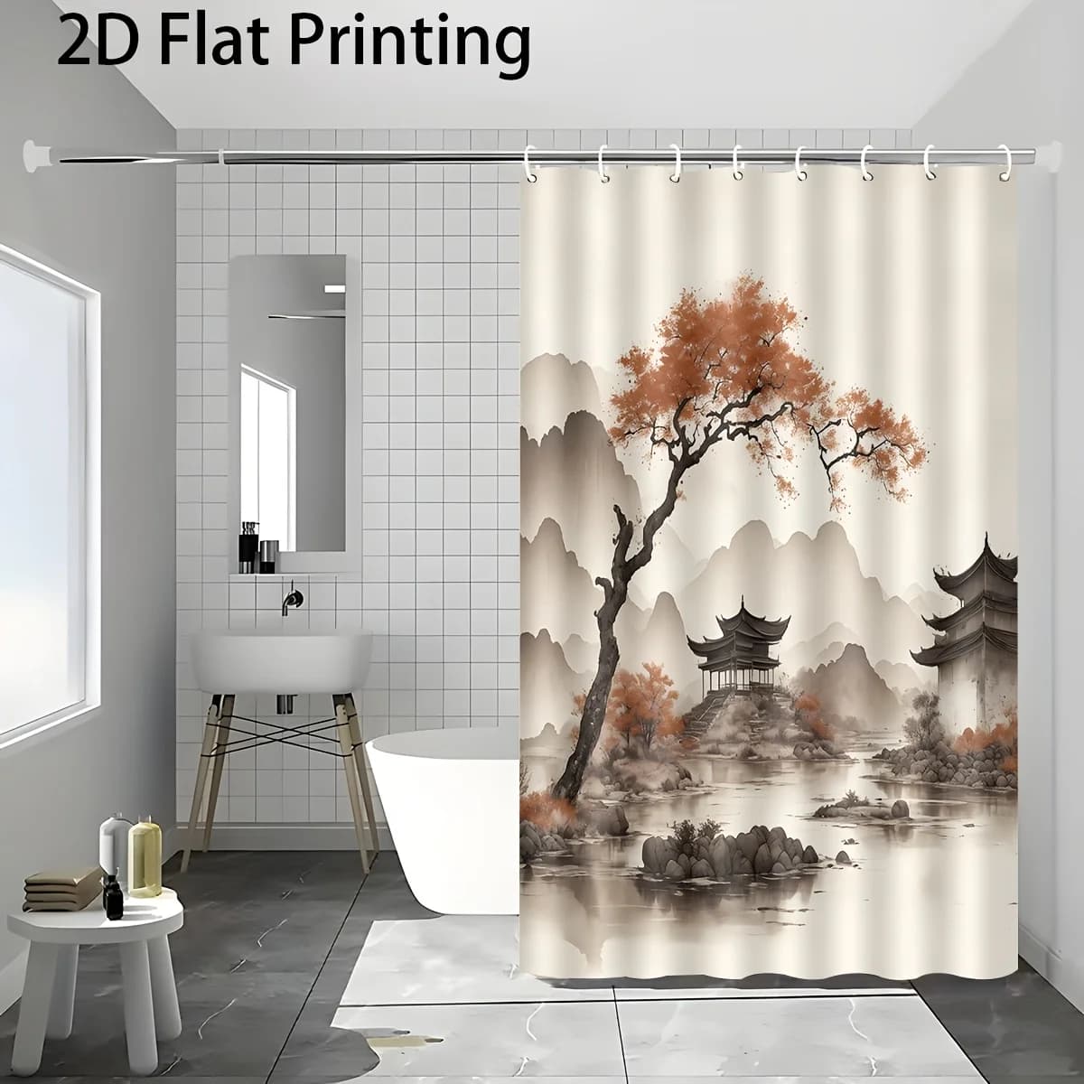 Luxury Asian Landscape Shower Curtain Waterproof Pagoda Mural Design Oriental Chinese Style Bath Bathroom Decor Curtain 180x200c