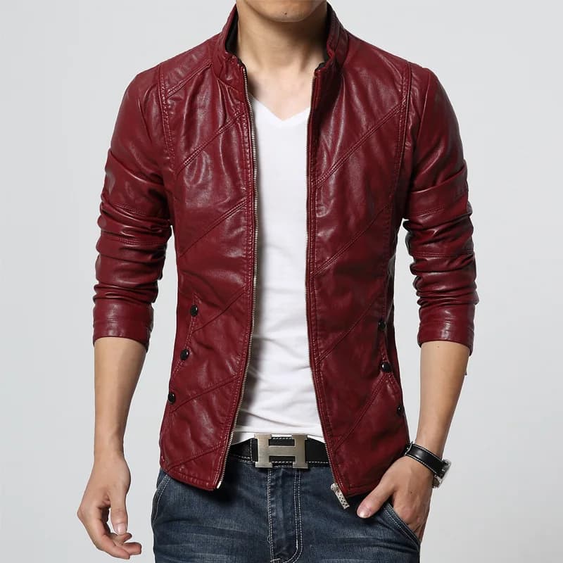 2025 New Mens Fashion PU Leather Jacket Men Stand Collar Slim Biker Jacket High Quality Men Coat Solid Color Leather Jacket
