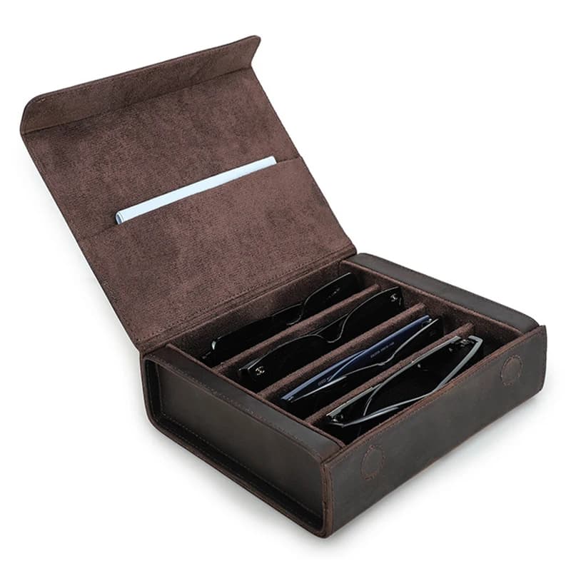 4-Slot Magnetic Sunglasses Case Suede Lining Portable Eyewear Storage Organizer Retro Cowhide Genuine Leather Eyeglass Holder