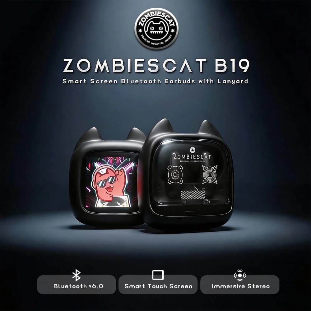 Auricolari Smart Screen Zombi Cat B19, Cuffie Stereo Immersive Bluetooth 6.0, Auricolari Wireless TWS con Chiamata Chiara ENC e Laccetto