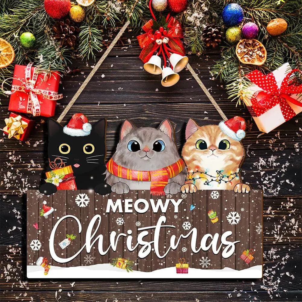 1Pc Christmas Wooden Hanging Ornament,Cute Cat Christmas Pendant Festive Xmas Tree Hanging Decoration for Holiday Home Door Wall