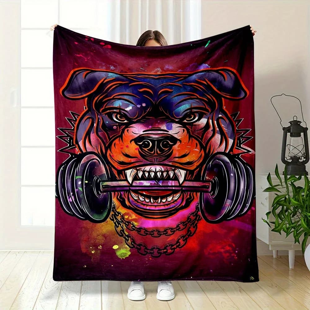 1 piece, contemporary style dog with dumbbell print, reversible fleece blanket for all seasons, polyester flannel, No She