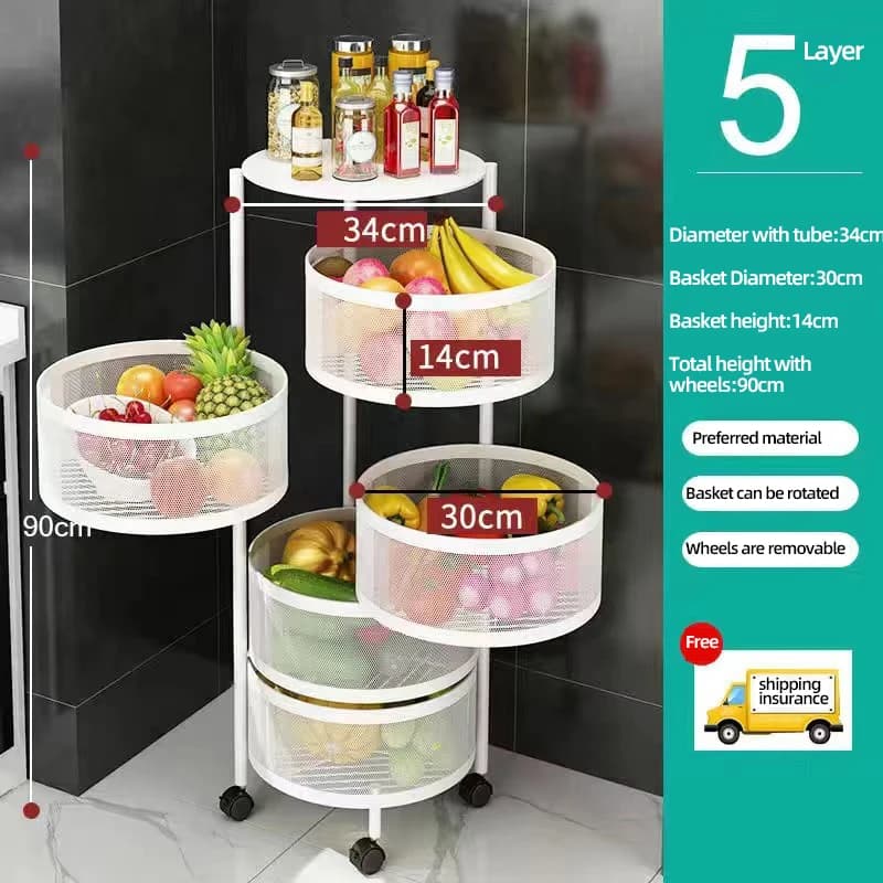 Cesto in Metallo per Cucina, Organizzatore Multifunzione Girevole con Ruote per Frutta e Verdura