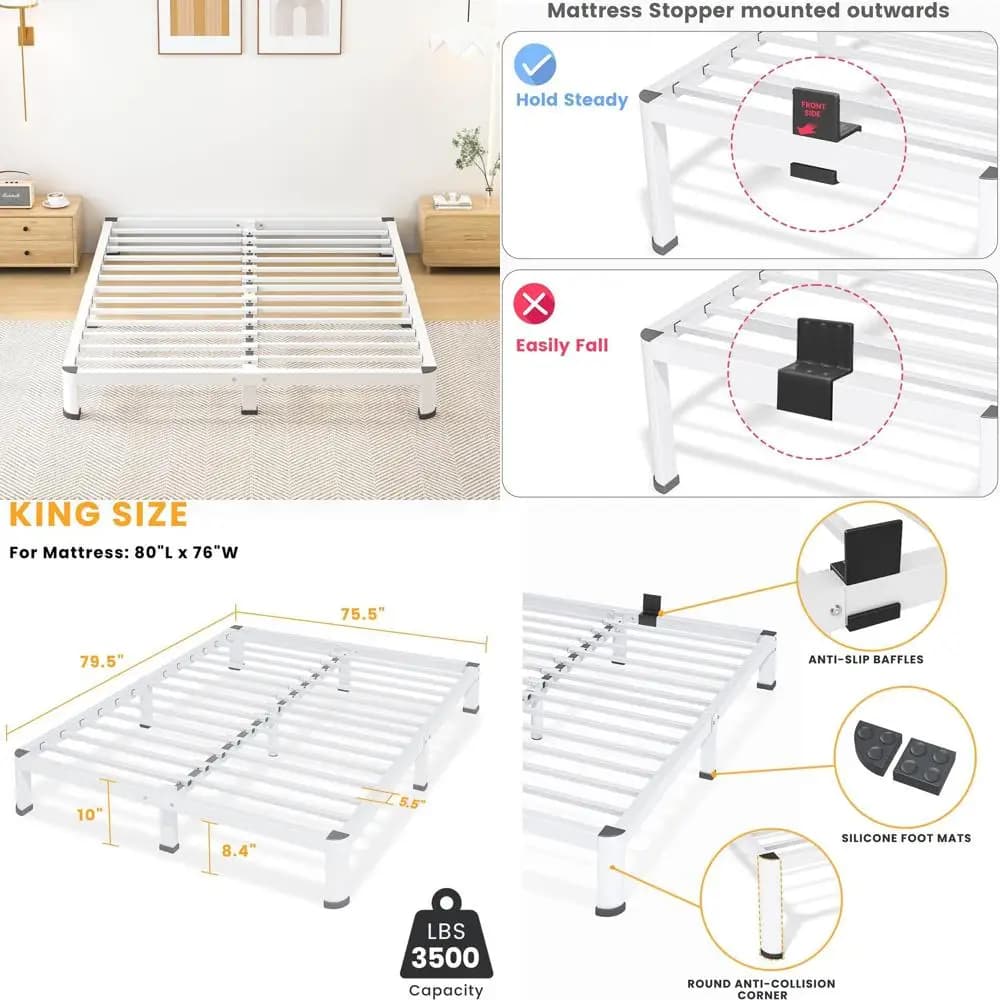 10 inch metal double bed with round pillars, storage space under the bed, resistant steel slats, silent, easy to mount, without box springs.