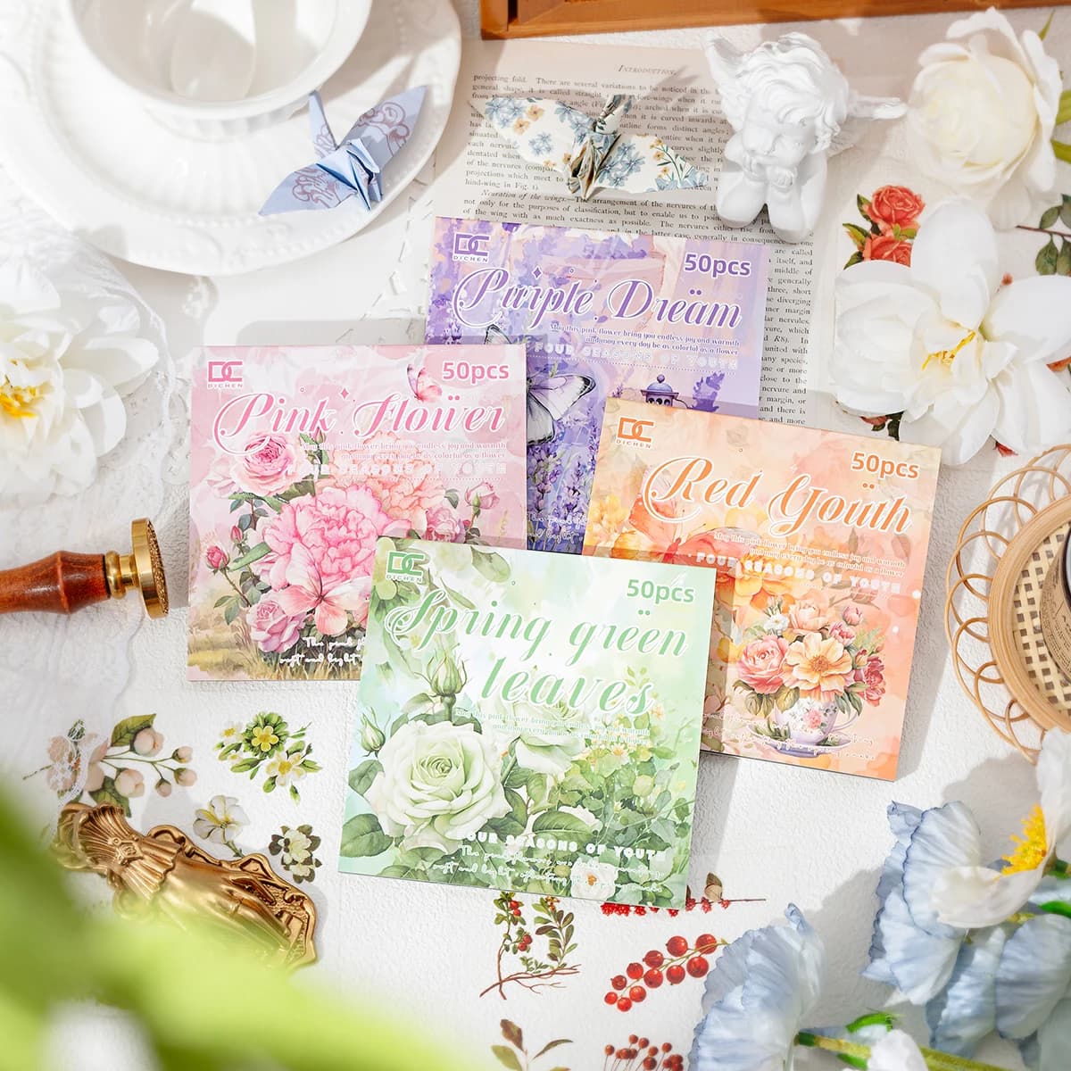 50pcs Bright Floral PET Waterproof Sticker Book, Sticker Material Paper Set, for Journals and Scrapbook Decoration, DIY Gift