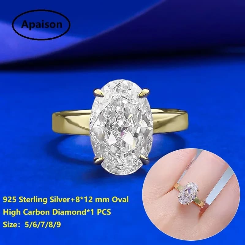 Apaison 8 * 12 mm Oval Ring with High Carbon Diamond Gold Plated Bridal Ring for Women Gift