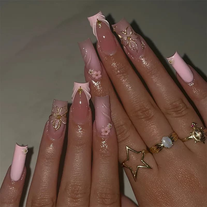 24 Pezzi Unghie Finte Lunghe Quadrate Francesi con Design Floreale 3D Rosa Sfumato, Unghie Finte Staccabili Pronte all'Uso