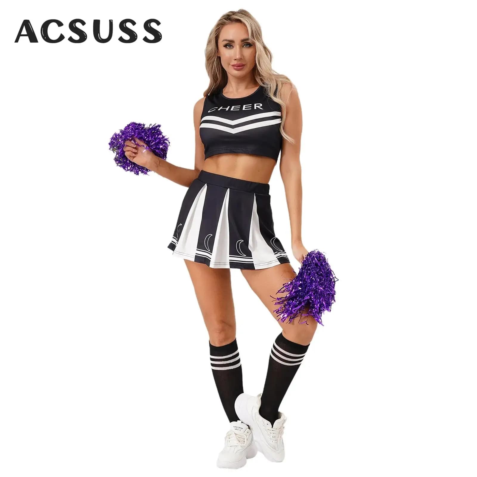 Uniforme da cheerleader sexy da donna, festa di Halloween, costume cosplay da cheerleader, top corto da ballo con calze a gonna a pieghe