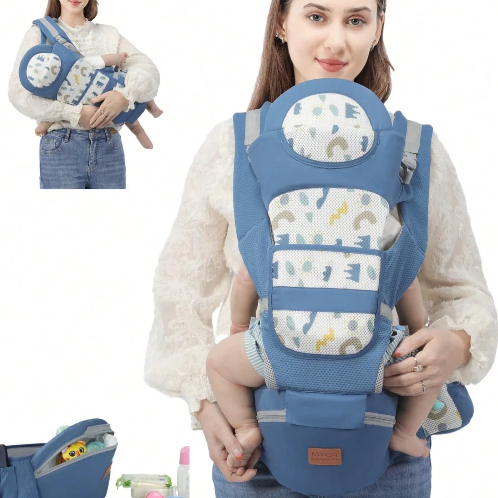 Marsupio Ergonomico per Neonati con Seduta Ergonomica e Supporto per il Collo, Zaino per Neonati Traspirante in Rete a Nido d'Ape Blu, Multi-Posizione, Mani Libere