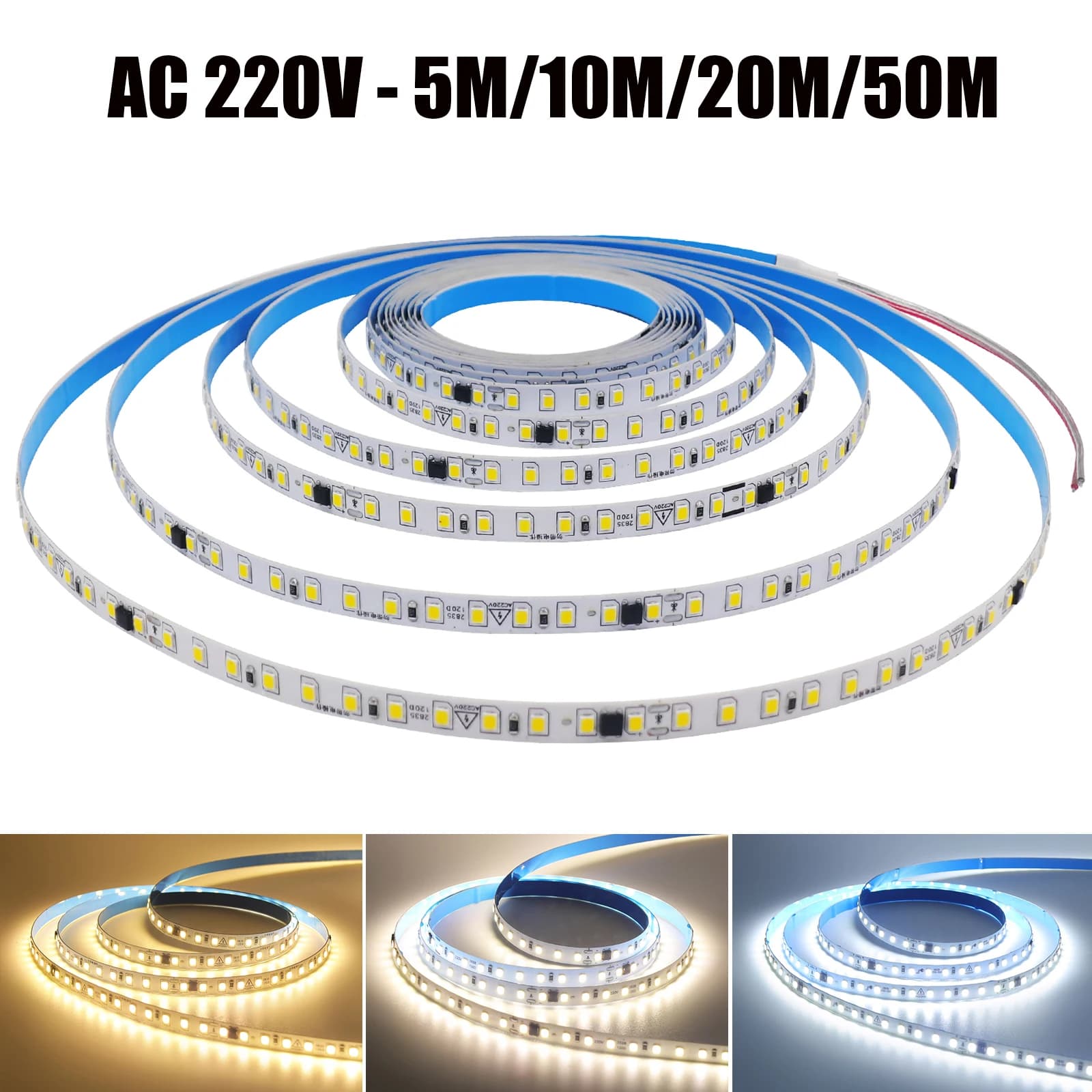 Striscia LED AC 220V SMD 2835 120 LED/M IP44 3000K 4000K 6000K 5M 10M 50M/Rotolo Nastro Flessibile Luce LED per Decorazioni Domestiche