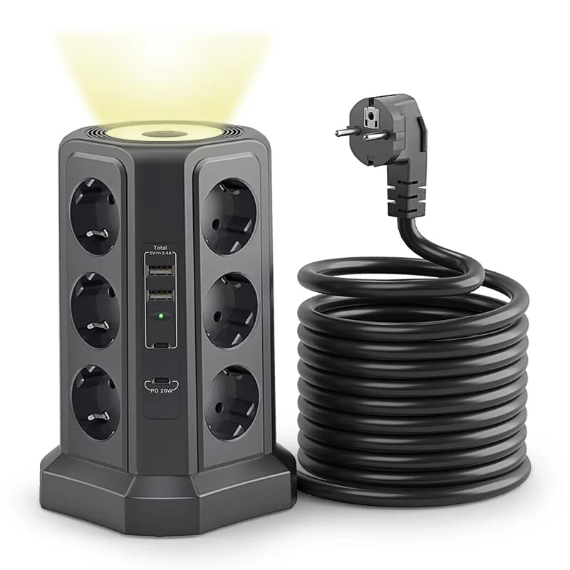 ADEA Eu Multiprise Black with Overvoltage Protection 4000W 16A with USB port, Multiprise with Night Light, with 1.8m Black Extension Cable