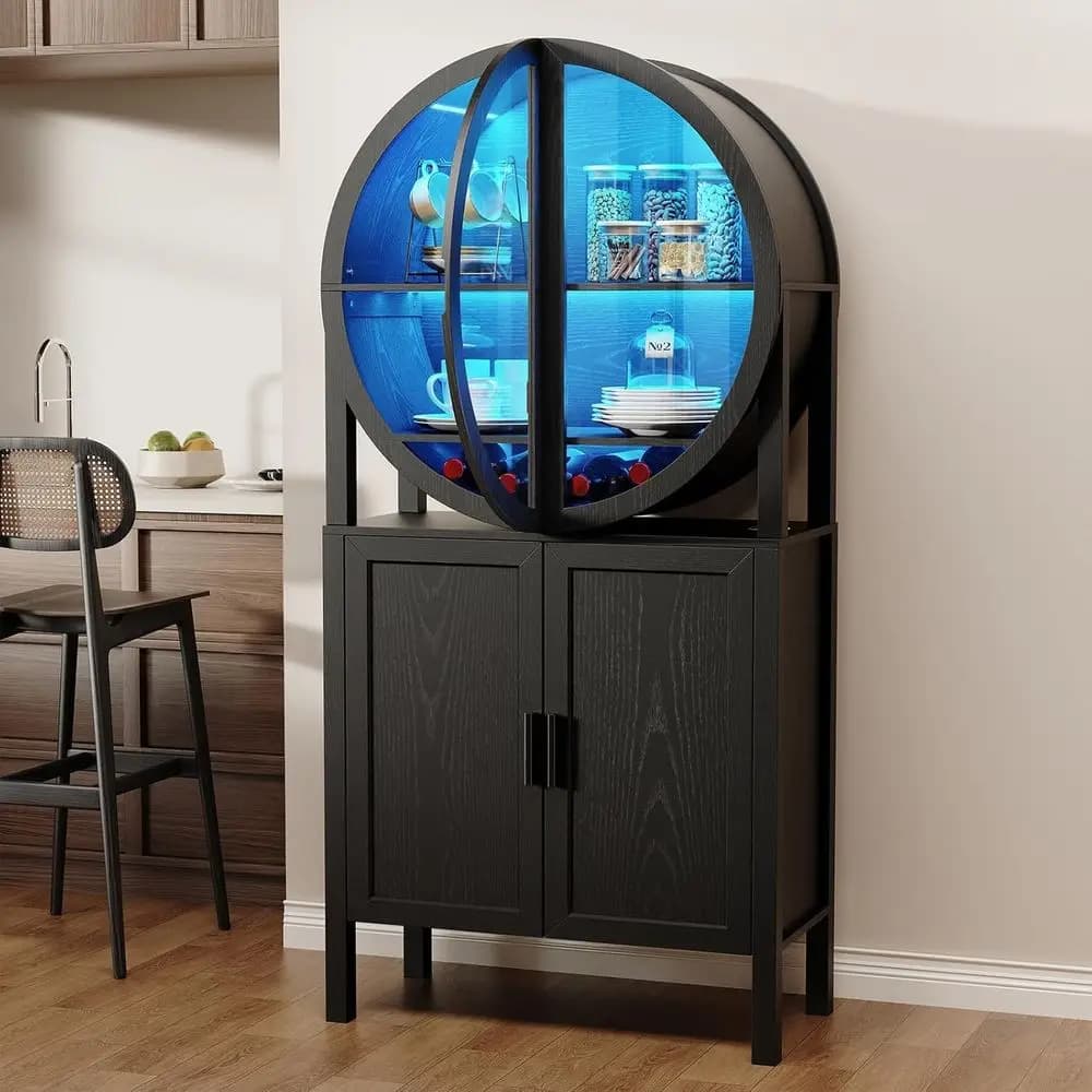 Mobile Bar Illuminato da 65 Pollici con Design Unico, Porta in Vetro e Ripiani per Esposizione Vini, Ideale per Cucina o Sala da Pranzo, Elegante Nero