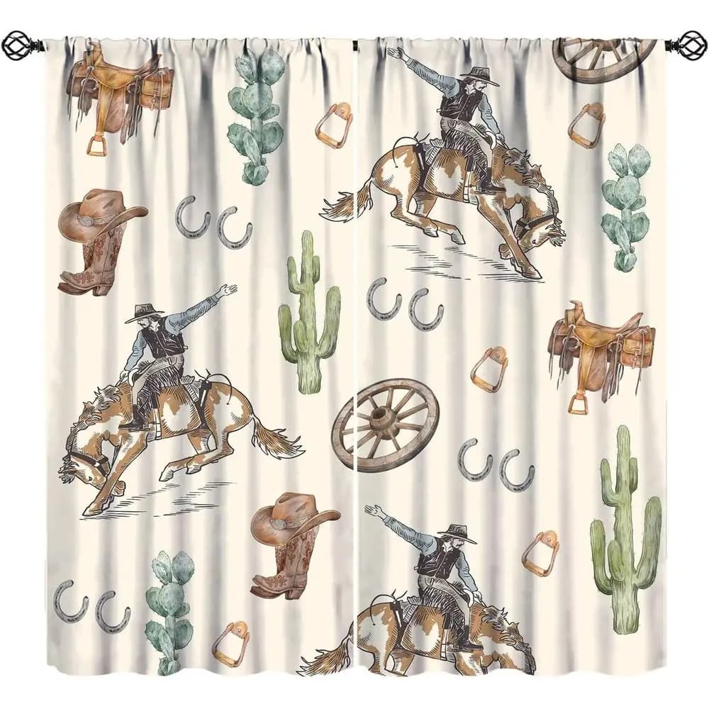 Cowboy Themed Blackout Curtains, Wild West Ride, Cactus & Desert, Vintage Rustic Style for Bedrooms & Living Rooms, 2 Panels, 42