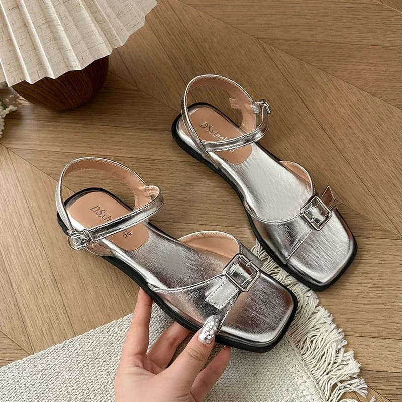 2025 New Flat Sandals for Women Summer Trend Suede Pu Adjustable Button Women's Shoes Fashionable and Comfortable Women's Shoes