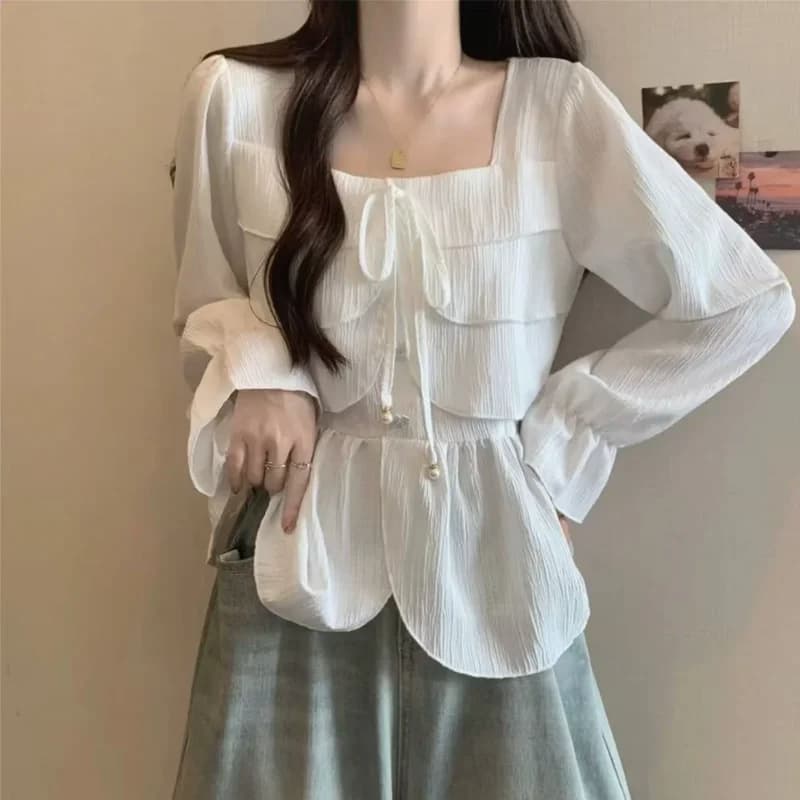 Shirts with square collar spring autumn with coulisse female dress elegant collar square fashion blouse wrapped with irregular volant New