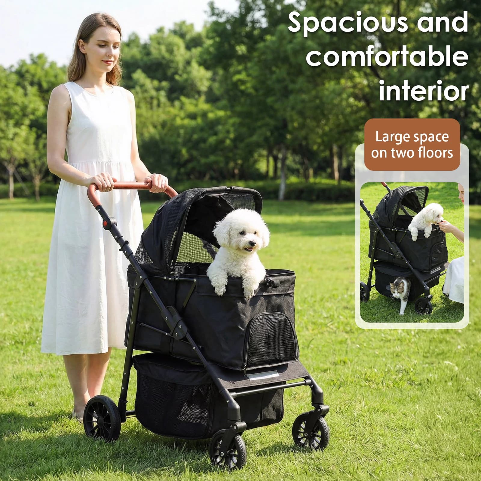 Smooth-Ride Dog Stroller Removable Cushion & Reflective Strips Dog and Cat Stroller Adjustable Handle for Small Medium Dogs Cats
