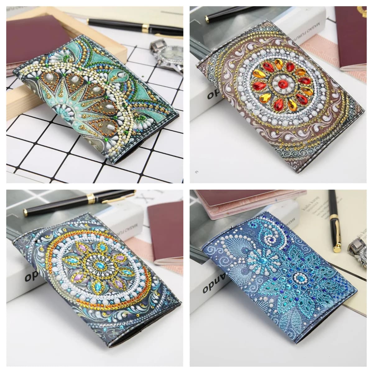 1 set di pittura con diamanti con motivo mandala fai-da-te, libro per passaporti in materiale in pelle PU per passaporto, porta passaporto da viaggio