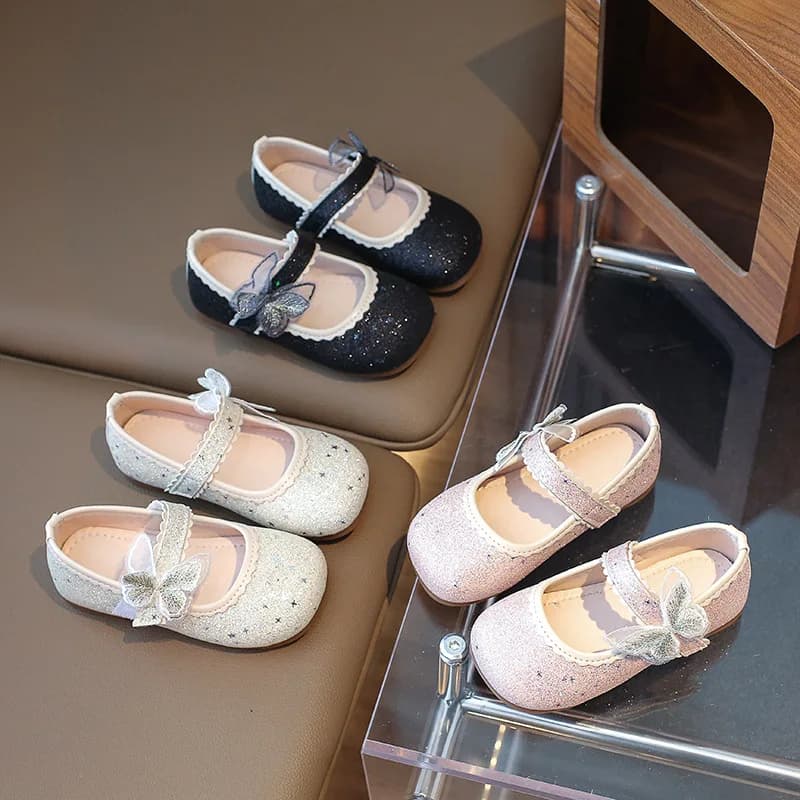 Spring Autumn Children Bow Knot Bean Shoes Kids Soft Sole Closed-Toe Princess Shoes Girls Mary Jane Velcro Shoes Everyday Casual