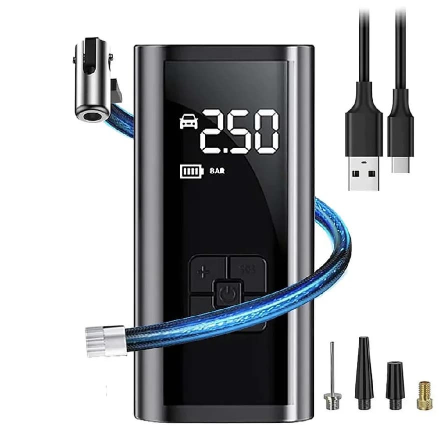 Compressore d'aria portatile ricaricabile per auto e biciclette, gonfiatore digitale per palloni da calcio e altri articoli.