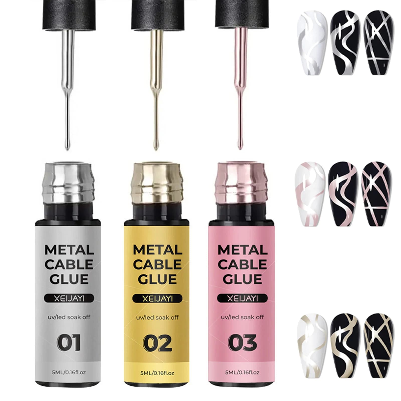 Nail polish effect metallic mirror, chrome gel for nail art with thin brush in bottle, 3D mirror effect for French manicure DIY in the house or at the salon