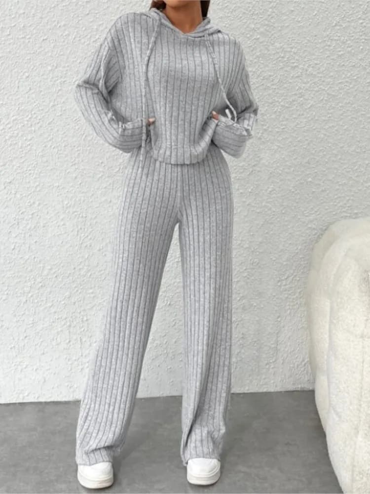 Felpa con cappuccio a righe lavorata a maglia casual in tinta unita da donna primavera autunno pantaloni lunghi larghi a maniche lunghe set da due pezzi