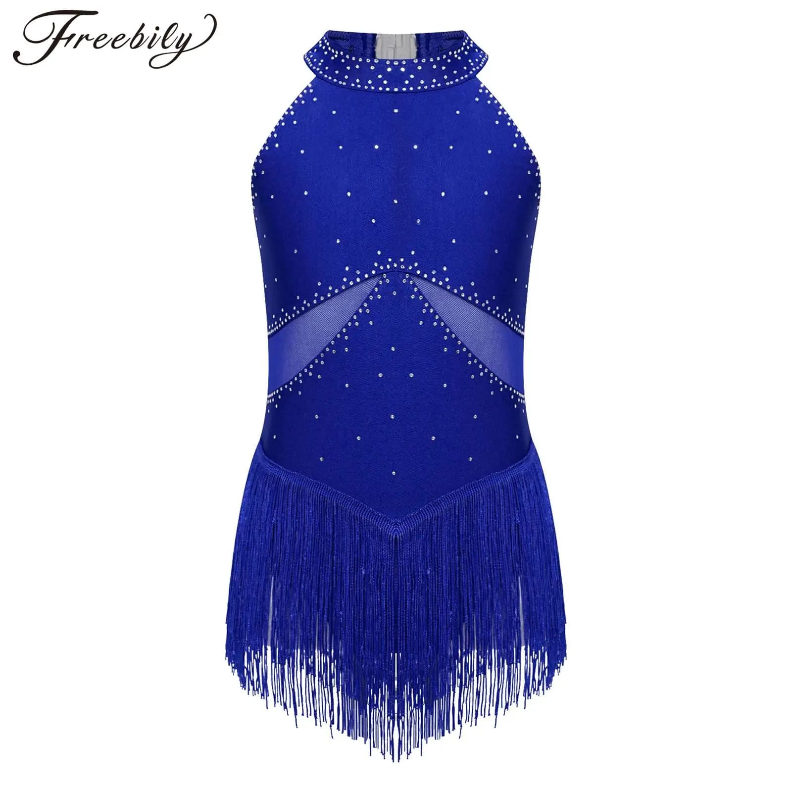 Abito da ballo per balletto per bambina, body con strass, abito da pattinaggio su ghiaccio, abito da ballo latino con nappe con frange