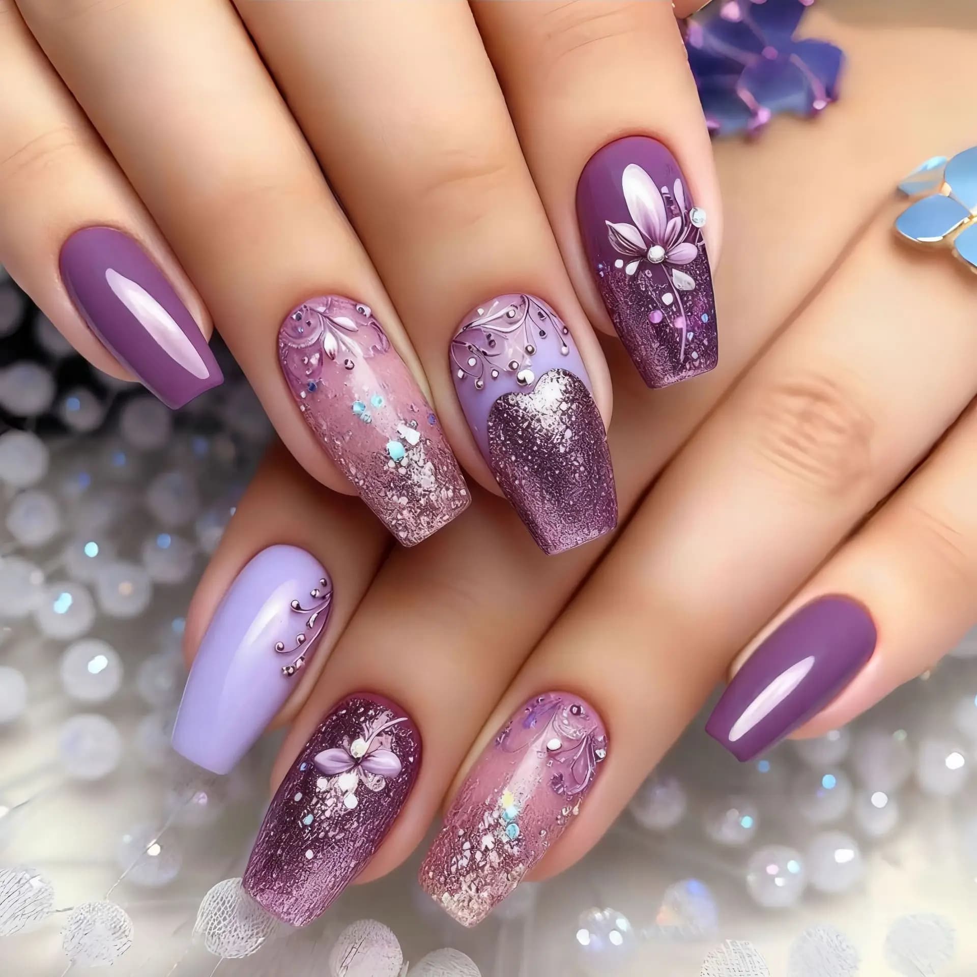 Unghie finte di media lunghezza, colore sfumato viola-blu con design di strass, copertura completa, riutilizzabili, in ABS, unghie artificiali a pressione.