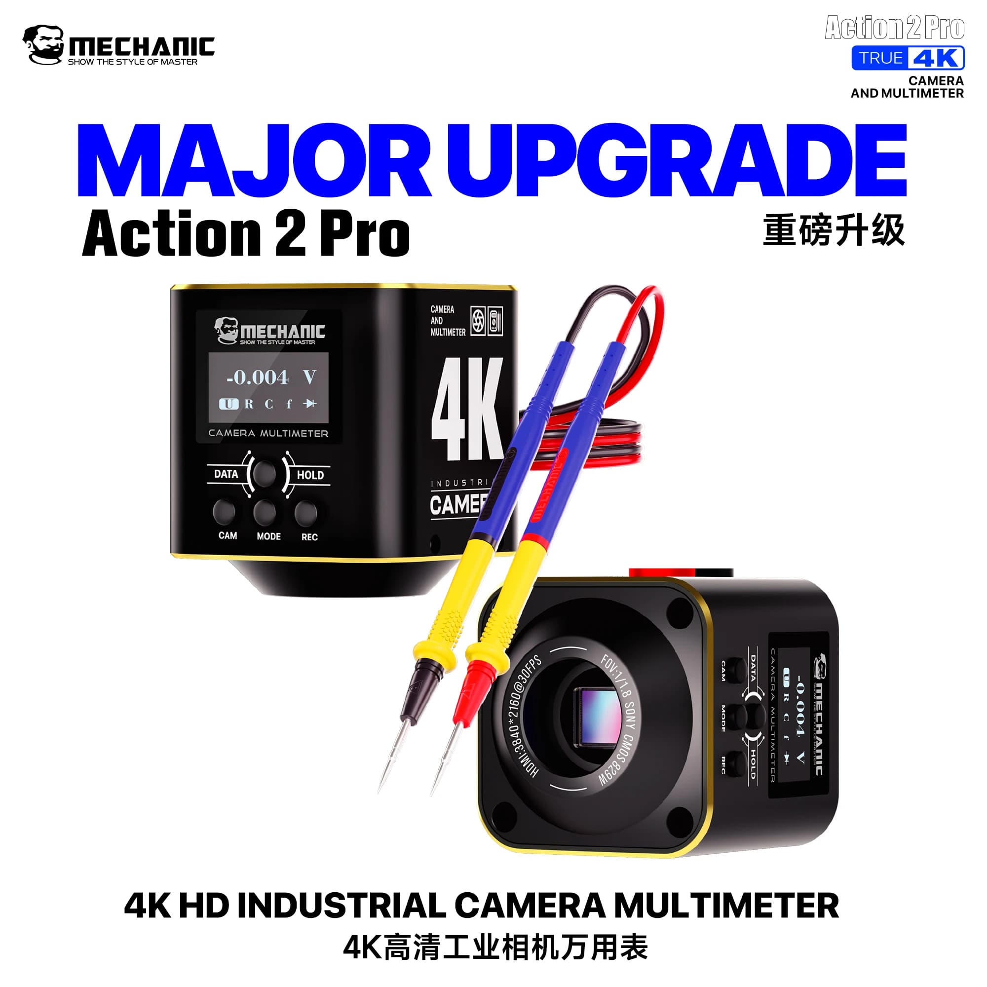 MECHANIC Action 2 Pro Industrial Camera Multimeter,Sony IMX678 4K 12bit,Dual Display,HDMI/USB Record, Electronics Repair Tool.