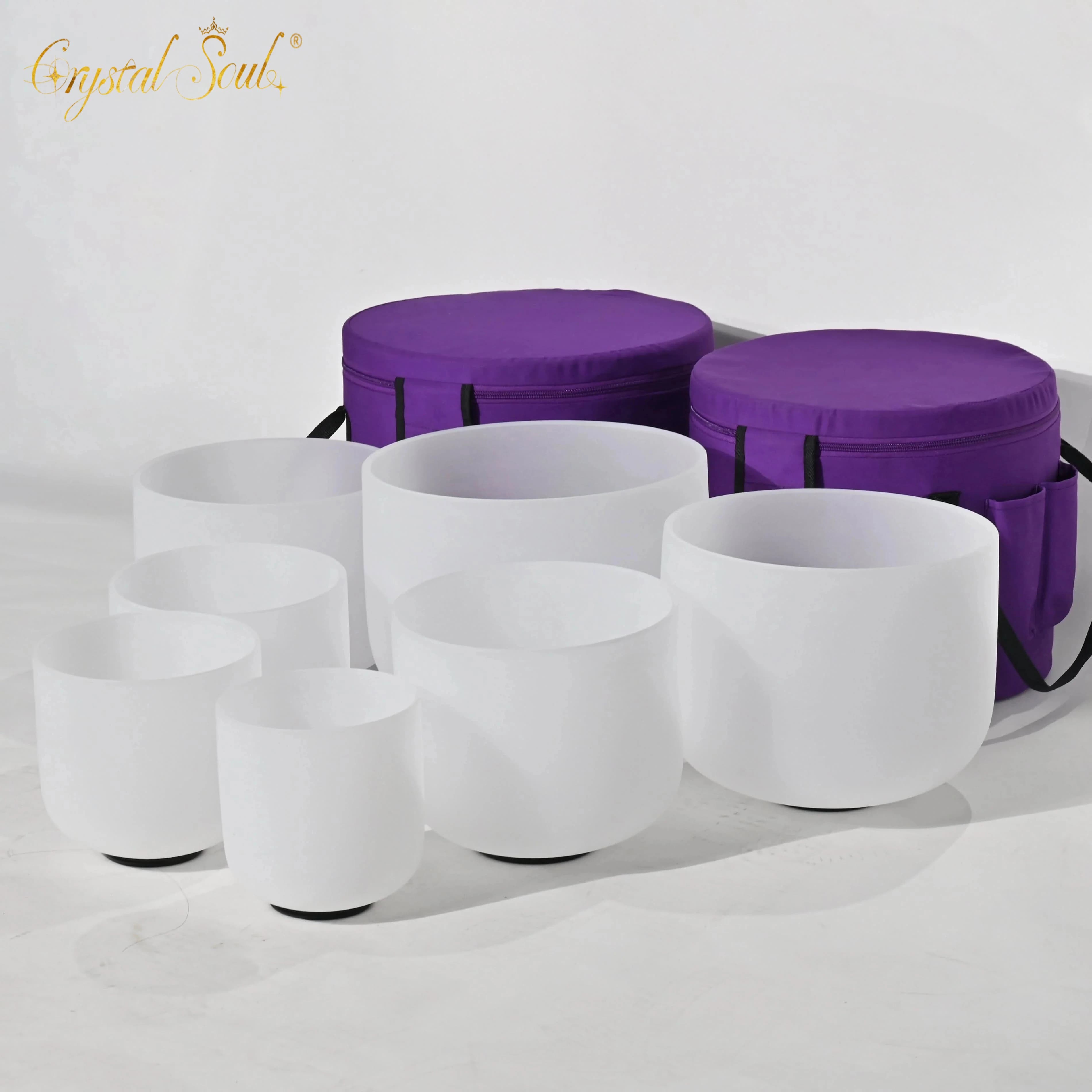 Crystal Soul Chakra 432Hz 8-14 Inch Frosted Crystal Singing Bowl with Bag and Accessories