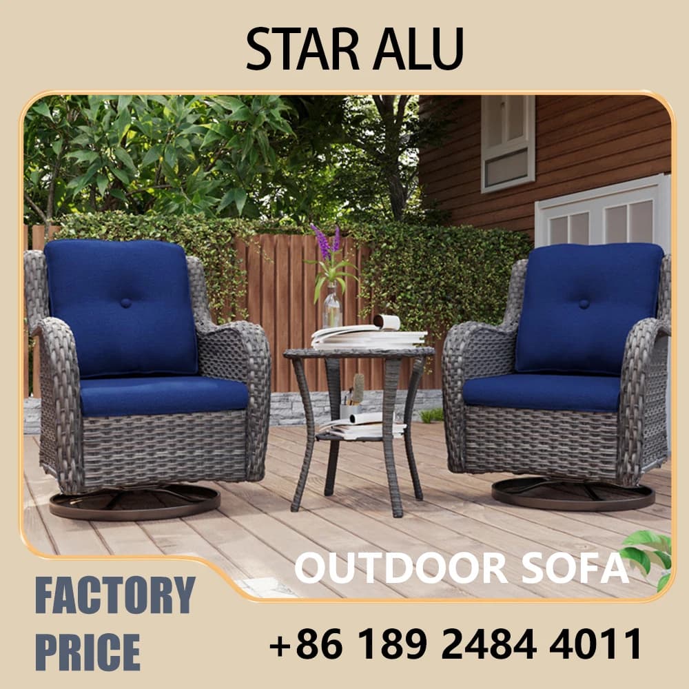 Set di 2 sedie girevoli da patio in rattan PE per tutte le stagioni con tavolino, mobili da esterno impermeabili con cuscini spessi per veranda