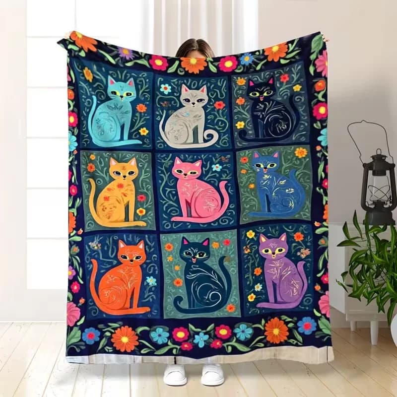 Vibrant Cat & Flower Flannel Blanket Nine-Panel Patchwork with Expressive Cats Botanicals Soft Bedspread Suitable for Bed, Couch