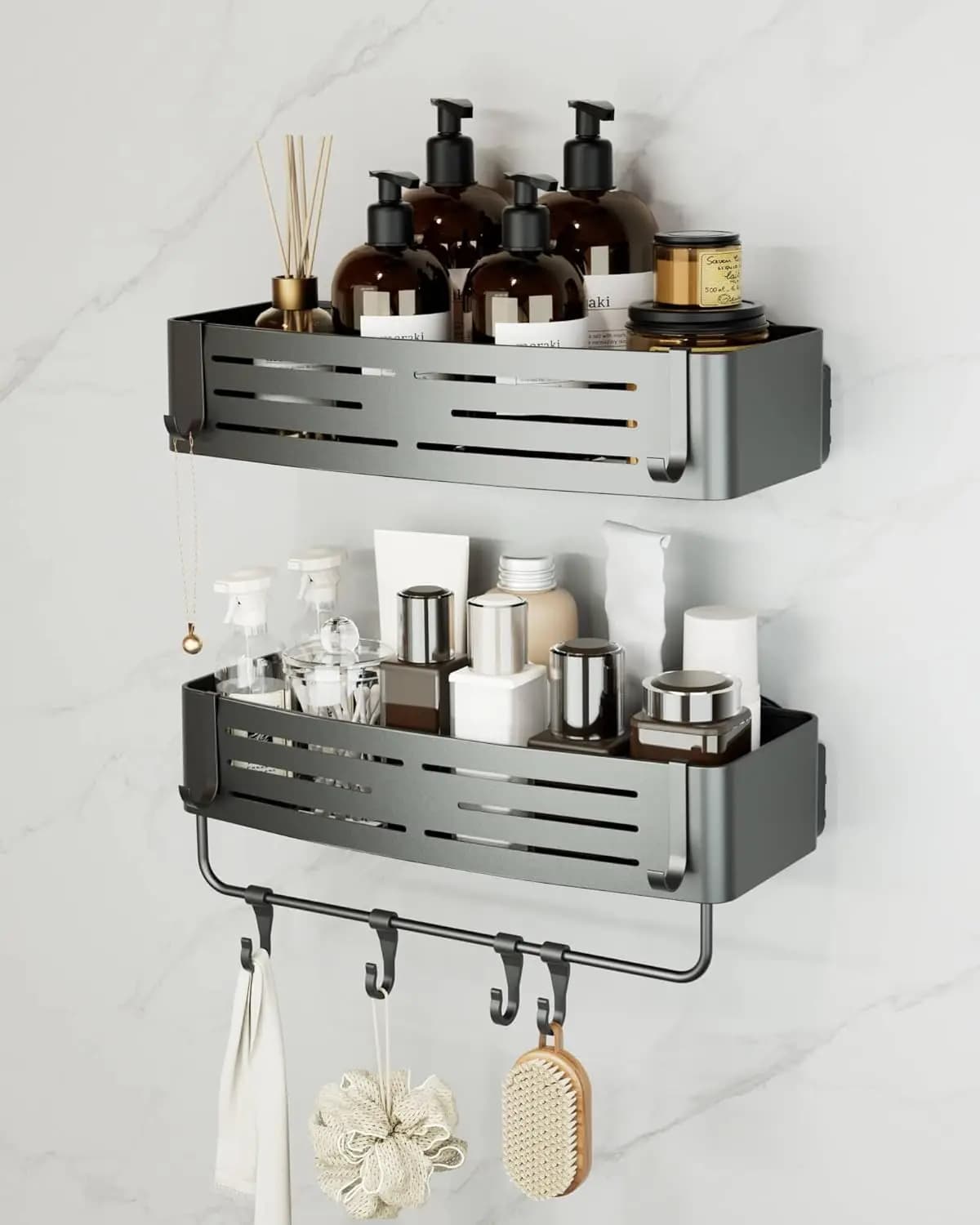 Portaoggetti da doccia grigio da 2 pezzi, mensola da bagno con ventosa rimovibile con ganci portatili, porta asciugamani impermeabile per organizer da doccia