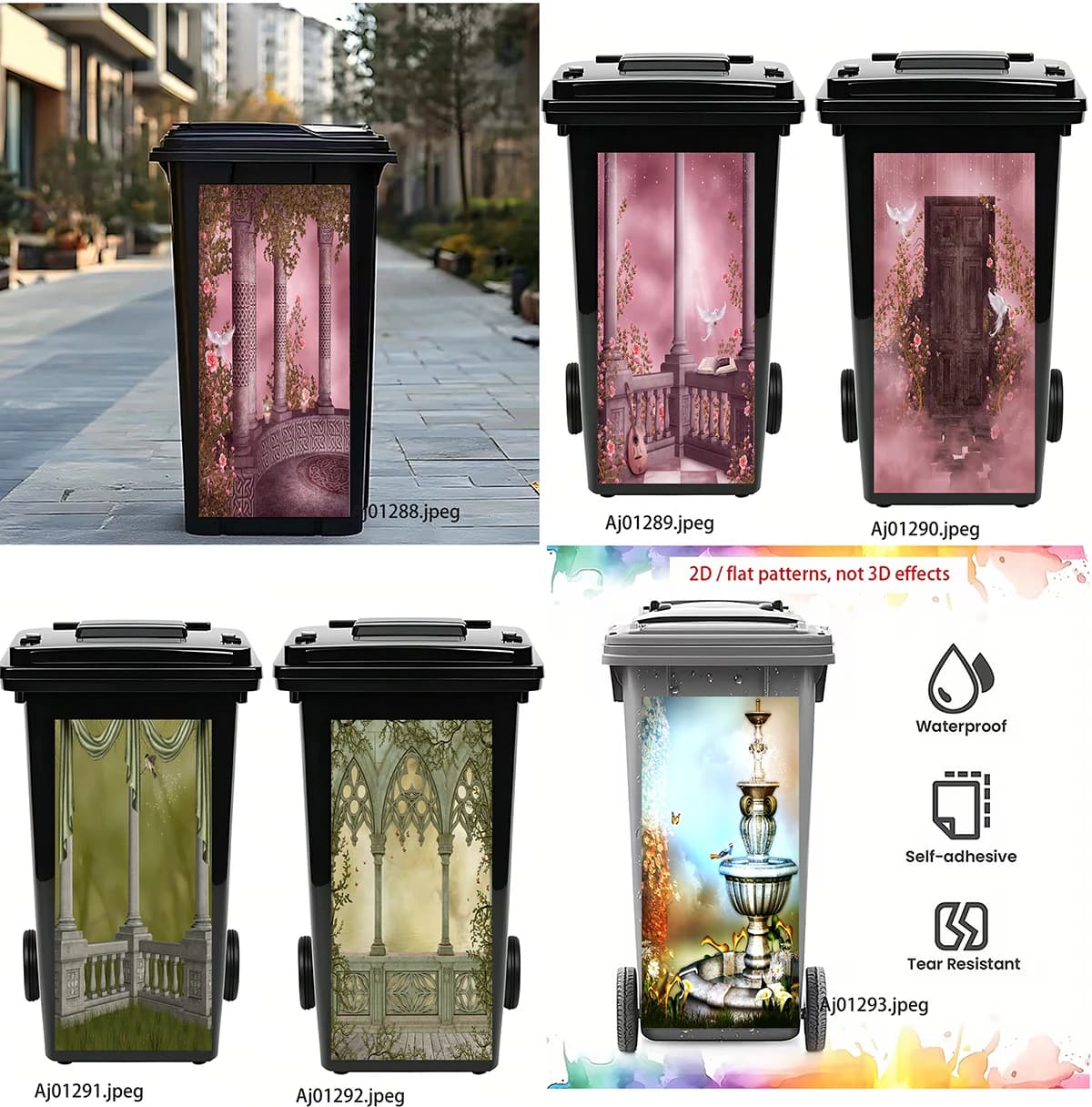 Dreamy European Garden Balcony Trash Can Sticker Waterproof Self Adhesive Tear Resistant Wheel Bin Decal Outdoor Home Decor