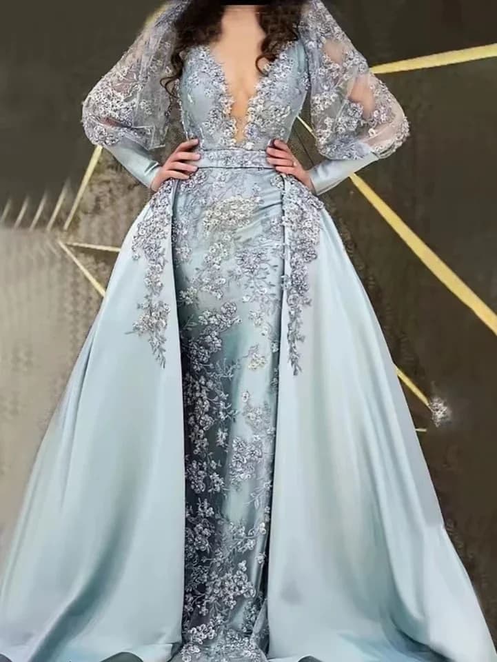 Custom Luxury Dance Dresses Detachable Train Long Sleeved Evening Dress with Lace Applications Wedding Ceremony Dress with Deep V Neck