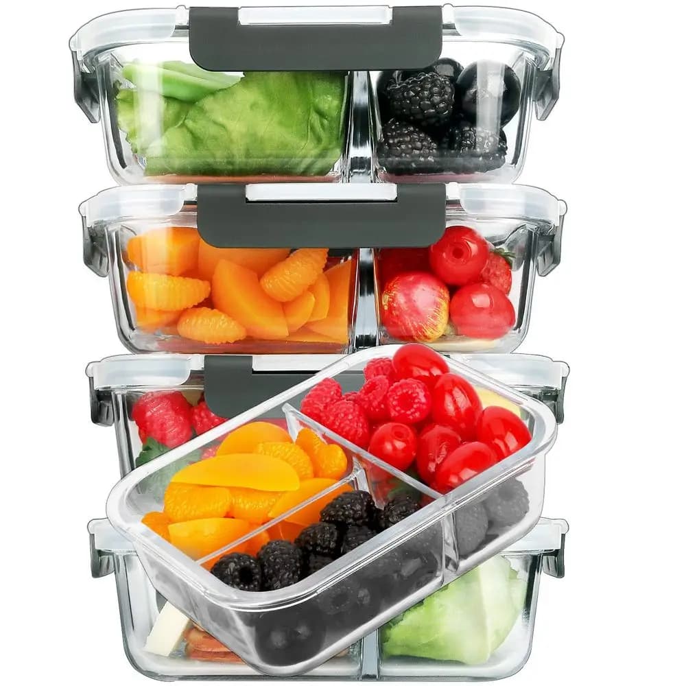 Set da 5, Contenitori in Vetro da 36 oz per Preparazione Pasti, 3 Scomparti con Coperchi, Contenitori per Pranzo in Vetro, Lunch Box, Bento Box, Adatti al Microonde